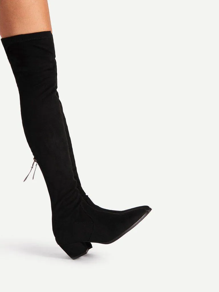 Back Zipper Block Heeled Thigh High Boots