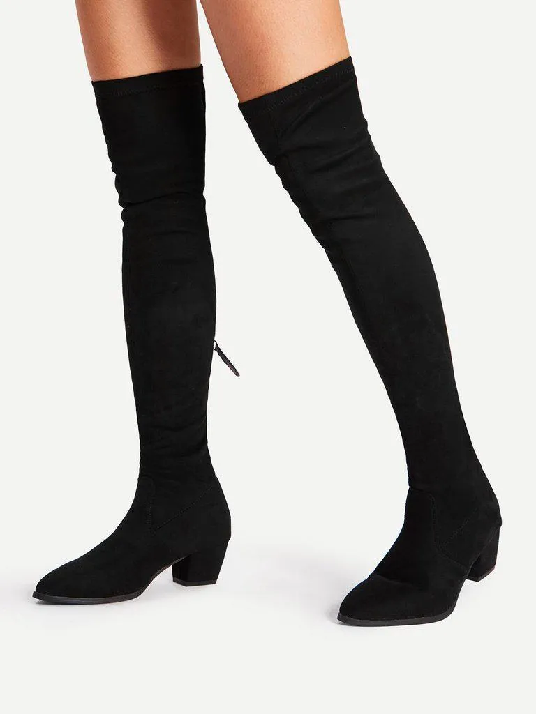 Back Zipper Block Heeled Thigh High Boots