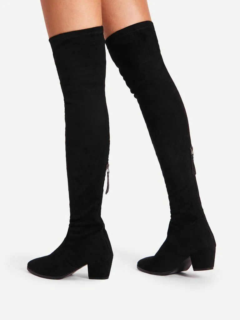 Back Zipper Block Heeled Thigh High Boots