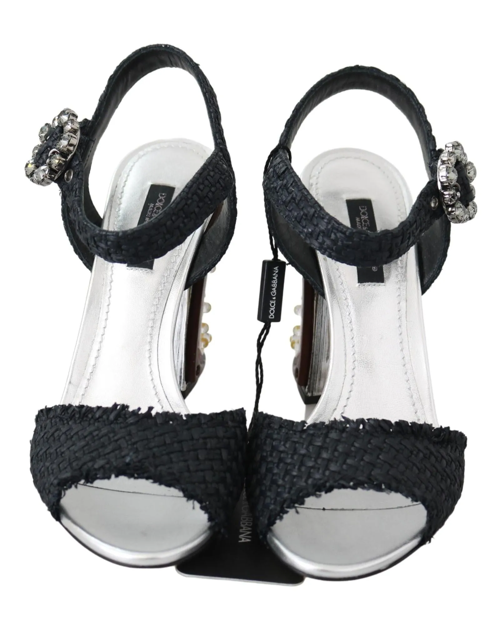 Dolce & Gabbana Womens Raffia Sandals with Crystal Buckle