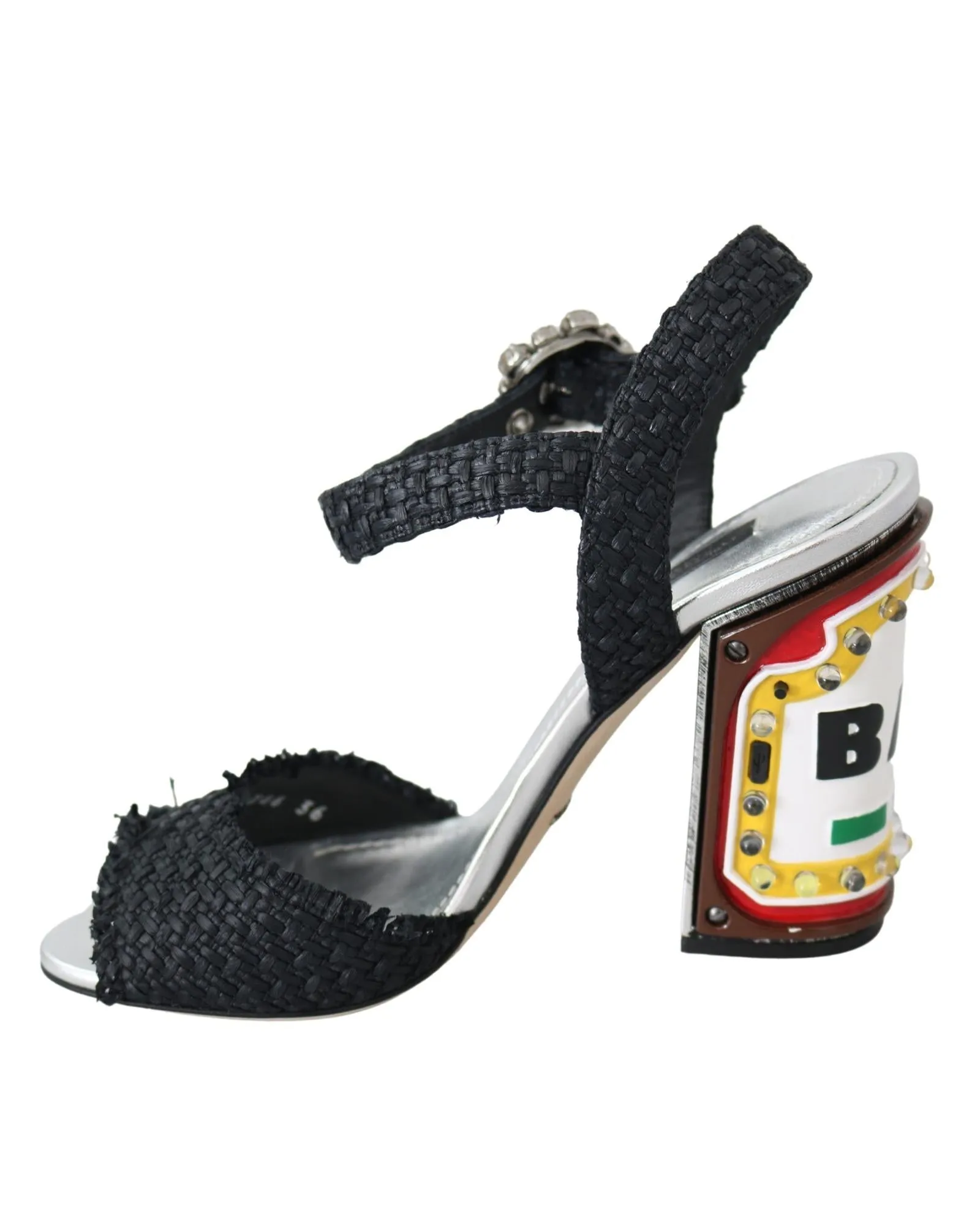 Dolce & Gabbana Womens Raffia Sandals with Crystal Buckle