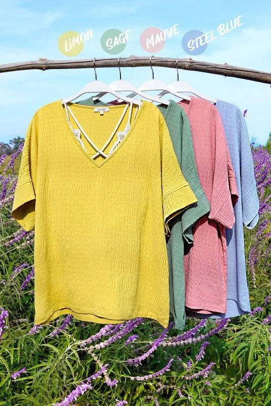 Plus Size Oversized Short Sleeve V-Neck Top in Honey Hue