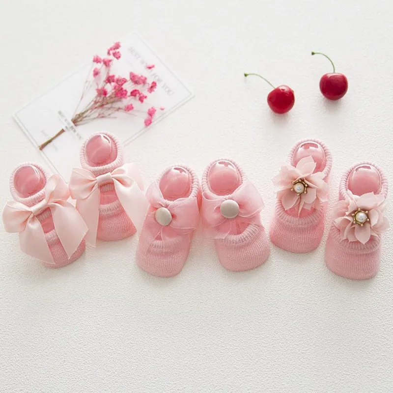 Lace Bows and Flower Socks for Toddlers - 3 Pairs