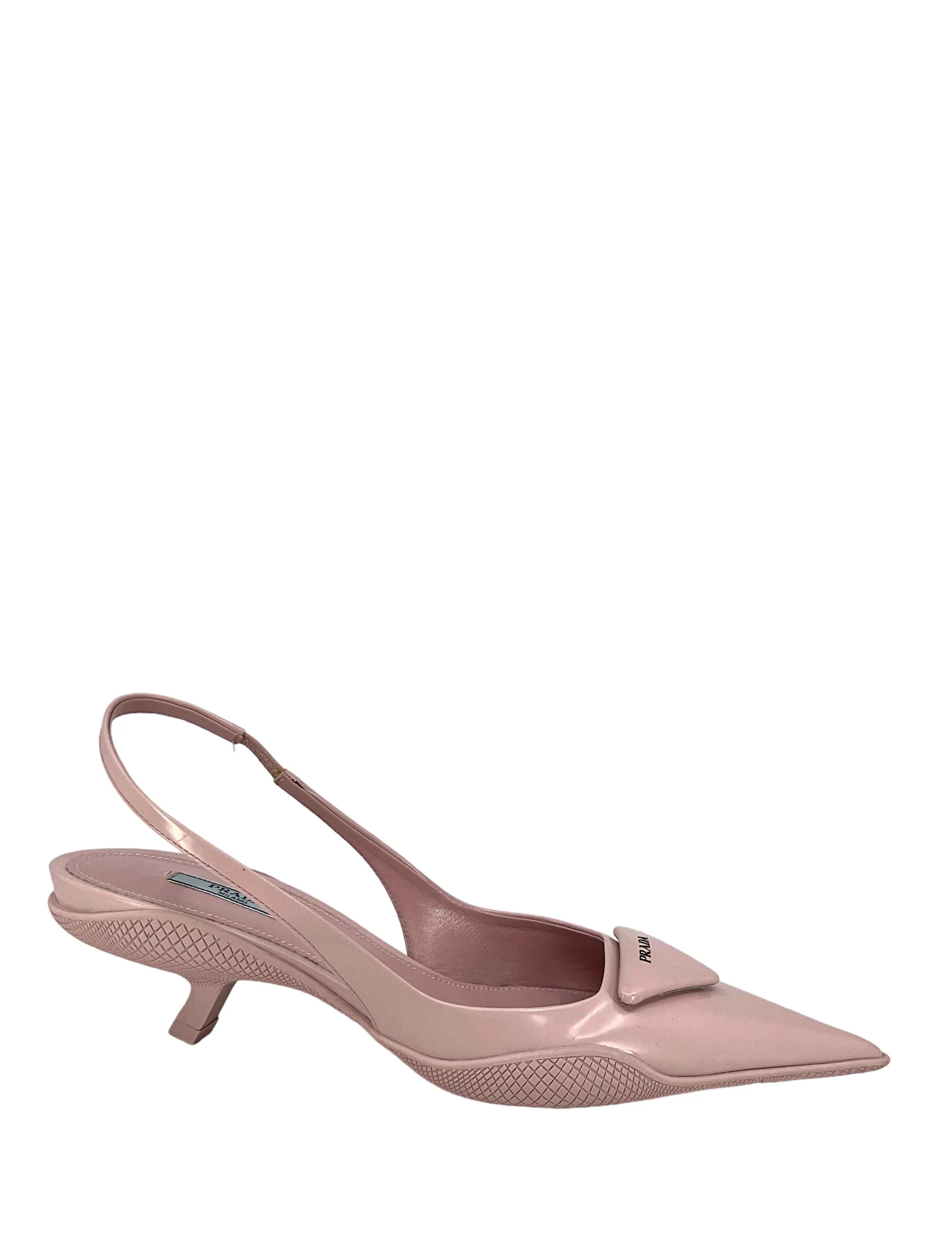 PRADA Spazzolato Triangle Logo Pointed Toe Slingback Pumps Size 8.5